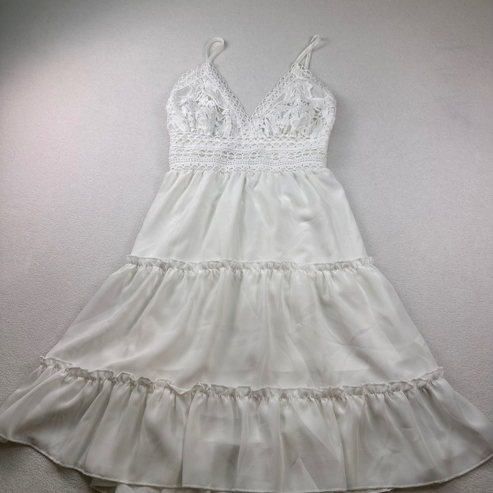 Crochet Lace Tiered Midi Dress Boho Back Bow Sun Sz M Coastal Cottagecore Bridal - Picture 4 of 11